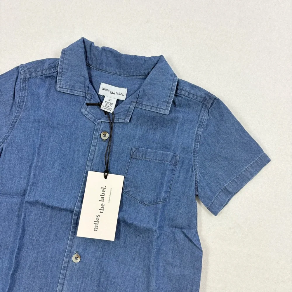 Miles The Label‎ Boys Blue Denim Chambray Short Sleeve Button Up Shirt Sz 3Y NWT